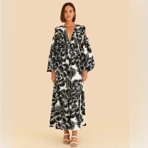 Farm Rio Off-White Chita Woodcut V-Neck Dress